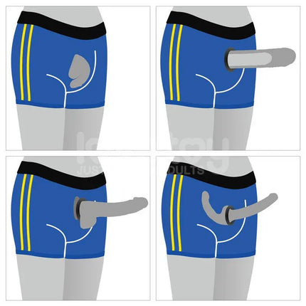 Illustrated diagram showing front and side views of blue boxer briefs with yellow stripes, designed for wearing packers or prosthetics.