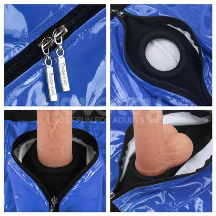 Blue latex zippered clothing with revealing cutouts for adult use.