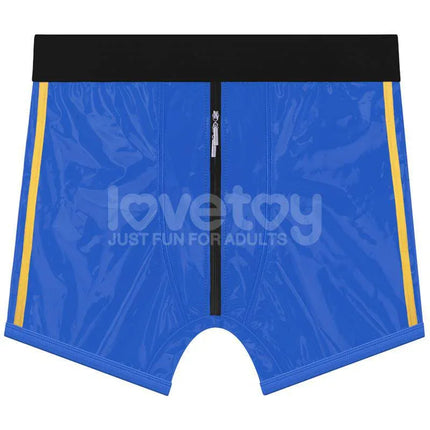 Blue boxer briefs underwear with yellow side stripes, zippered front and black waistband, Size L 40-43