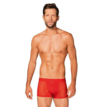 Boxers in red with subtle transparencies, designed for comfort and flexibility in sizes S/M and L/XL, suitable for everyday wear.