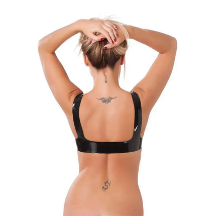 Back view of woman wearing black Bra Latex, showcasing sleek design and premium European craftsmanship.