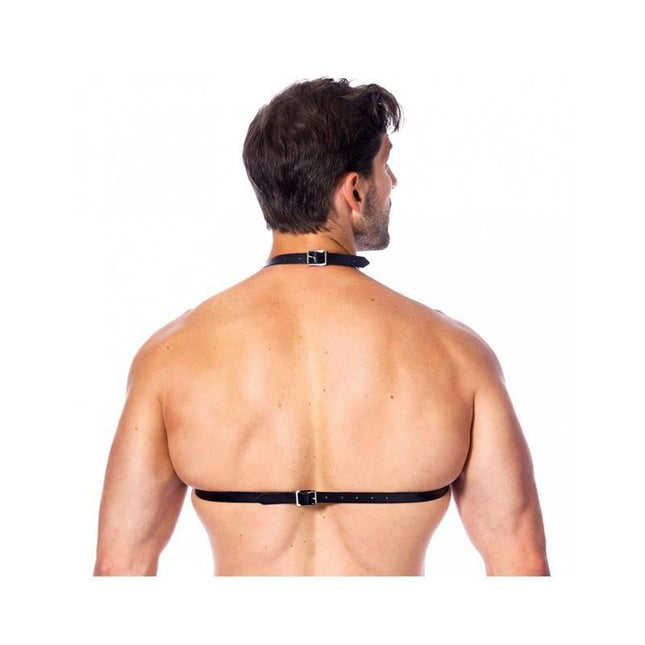 Man wearing Bra with Spikes Adjustable showing rear view with buckle and strap details.