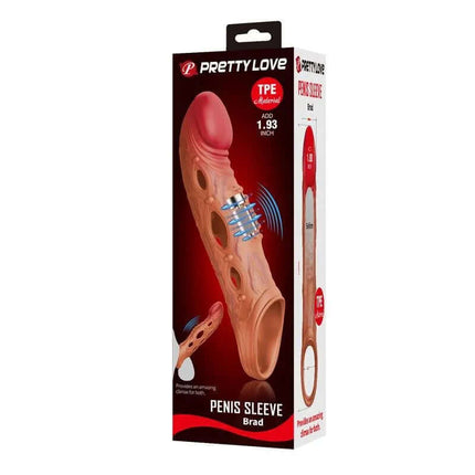 Brad Vibrating Penis Sleeve in packaging, showcasing vibrating design for enhanced pleasure and adjustable fit with secure clip.