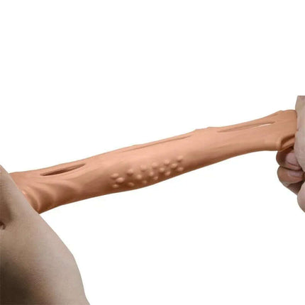 Brad Vibrating Penis Sleeve with soft TPE material, showing adjustable fit and extension for enhanced pleasure and stimulation.