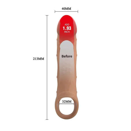 Brad Vibrating Penis Sleeve with dimensions, showing 213mm length and 1.93 inch extension for enhanced performance.