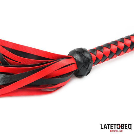 Braided Flogger 49 cm with black and red braided handle and colorful tails, part of the Latetobed BDSM Line for intense sensations.