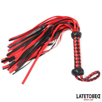 Braided Flogger 49 cm with red and black braided handle and colorful tails from the Latetobed BDSM Line.