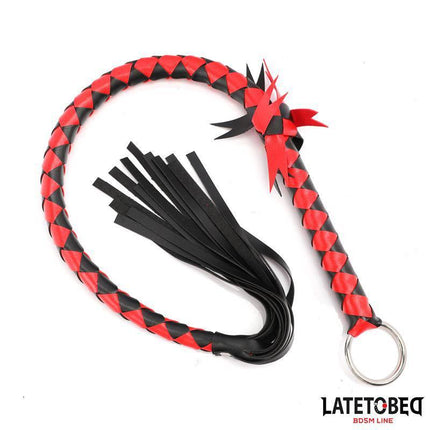 Braided Flogger 85 cm, red and black PU BDSM accessory with handle, part of the Latetobed BDSM Line for sensation play.