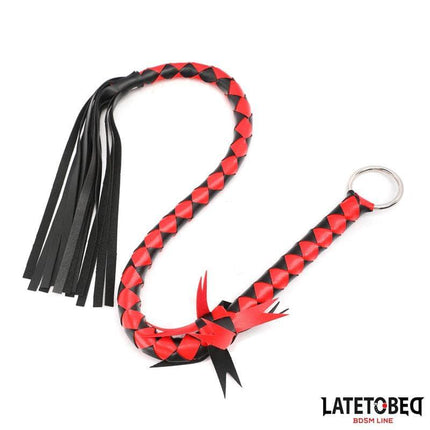 Braided Flogger 85 cm with red and black braided design from Latetobed BDSM Line, featuring PU material for durability and intense sensation play.