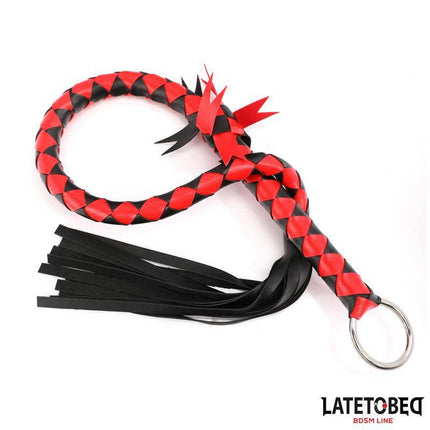 Braided Flogger 85 cm in red and black PU leather, durable BDSM accessory from Latetobed with ergonomic handle design.