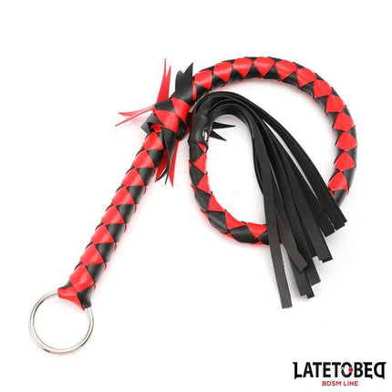 Braided Flogger 85 cm in red and black, premium BDSM accessory by Latetobed, with a durable PU braided handle and tassels.