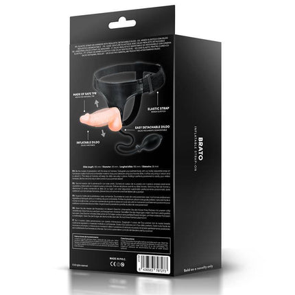 Packaging of Brato Inflatable Strap-On Harness by Latetobed with detachable dildo and inflation function diagram.