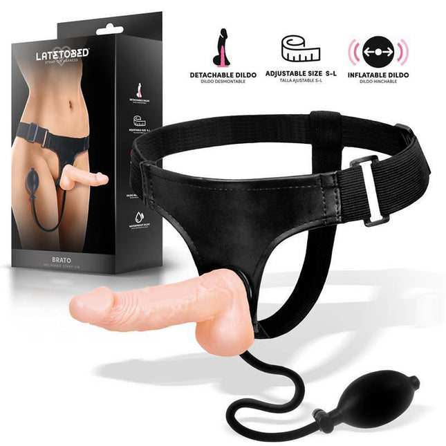 Brato Inflatable Strap-On Harness with removable and inflatable dildo by Latetobed, featuring adjustable fit and manual hand pump.