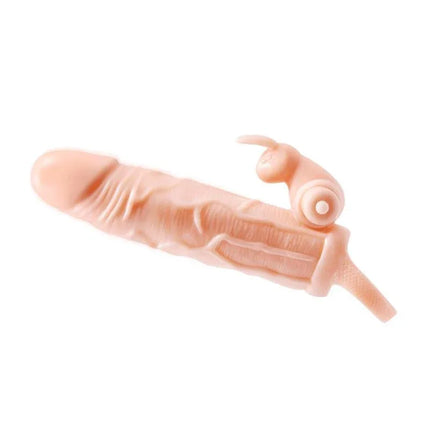 Brave Man Penis Sleeve with Vibration featuring flexible base ring and bunny-shaped clitoral stimulator for mutual pleasure.