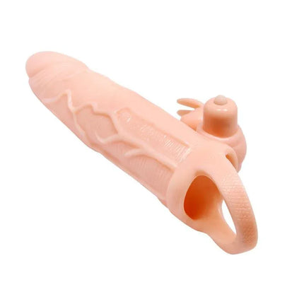 Brave Man Penis Sleeve with Vibration featuring bunny-shaped clitoral stimulator and flexible base ring for comfort and security.