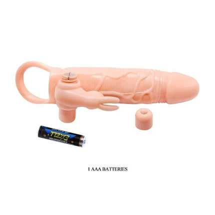 Brave Man Penis Sleeve with Vibration featuring a bunny-shaped clitoral stimulator and battery compartment for enhanced pleasure.