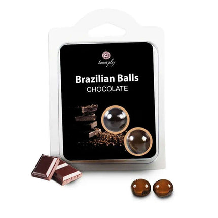 Set 2 Brazilian Balls Chocolate Aroma with packaging and chocolate pieces.