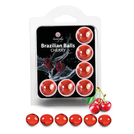 Brazilian Balls Set 6 Cherry, romantic massage oil, cherry scented, sensual experience, set of 6, in packaging and display.
