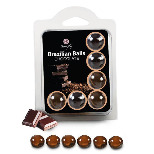 Brazilian Balls Set 6 Chocolate with massage oil capsules and rich chocolate scent for relaxation and intimacy.
