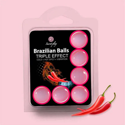 Set 6 Brazilian Balls Triple Effect (Heat, Cold and Vibration) packaging on pink background with chili peppers