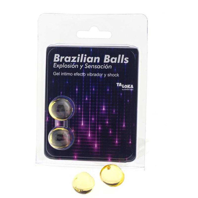 Brazilian Balls Vibrating Massager Set in packaging with two gold balls and gel for enhancing intimate experiences.