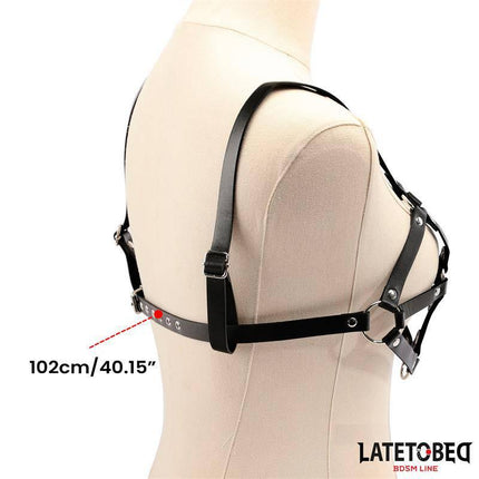 Breast harness Adjustable in black leather with metal accents, part of the Latetobed BDSM Line, shown on mannequin side view.