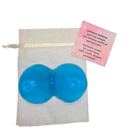 Breast-Shaped Soap XXL with oceanic scent, displayed in a white fabric pouch with pink label, offering a playful, unique design.