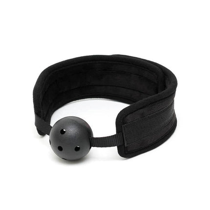Breathable Gag Ball Black with adjustable Velcro closure and air holes for comfort and secure restraint during play.