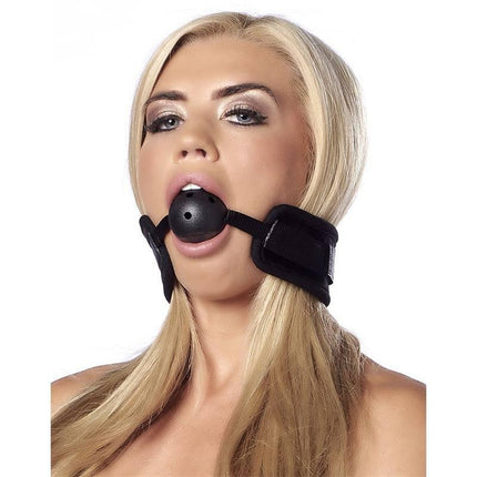 Model wearing Breathable Gag Ball Black with adjustable straps and open-air design for easy breathing.