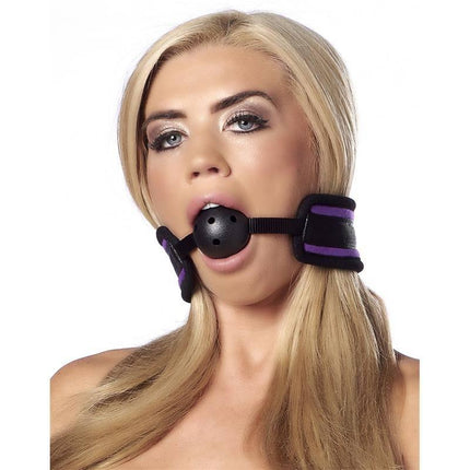 Breathable Gag Ball Purple with adjustable Velcro and perforated design for comfortable play