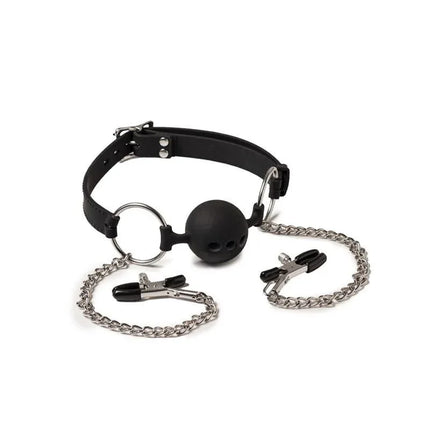 Breathable Mouthgag and Nipple Clamps set with airflow-friendly ball gag and coated nipple clips for bondage play