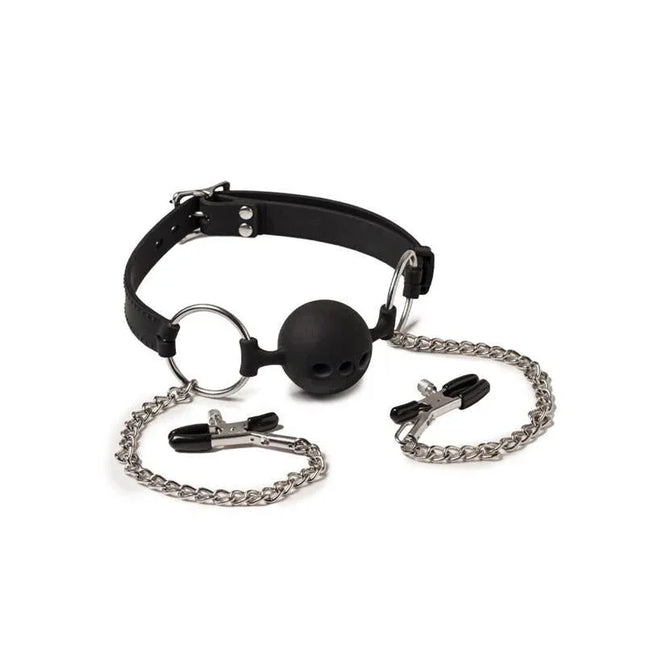 Breathable Mouthgag and Nipple Clamps set with airflow-friendly ball gag and coated nipple clips for bondage play