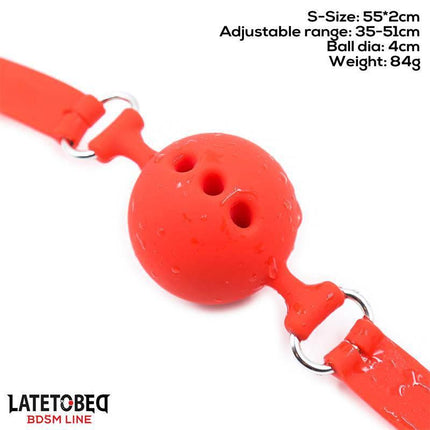 Breathable Silicone Ball Gag S - 4 cm in vibrant red with adjustable straps for secure fit.