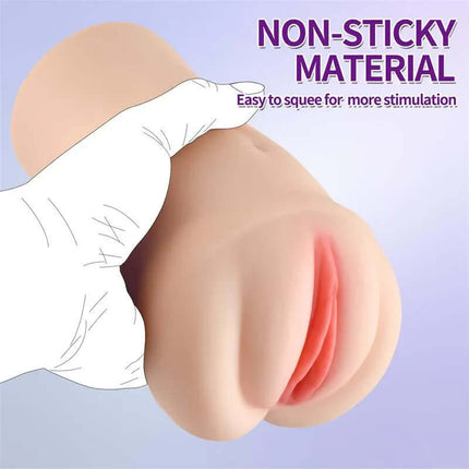 Brenna Masturbator with Vibration shown, highlighting non-sticky material and realistic design for enhanced pleasure.