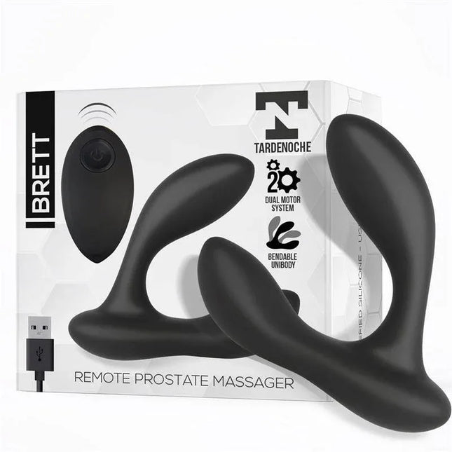 Brett Prostate Massager Remote Control USB Liquid Silicone with ergonomic design and USB charger in packaging.