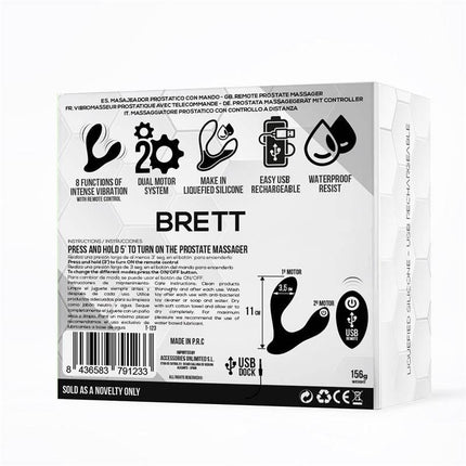 Back of Brett Prostate Massager Remote Control USB Liquid Silicone packaging showing features and specifications.