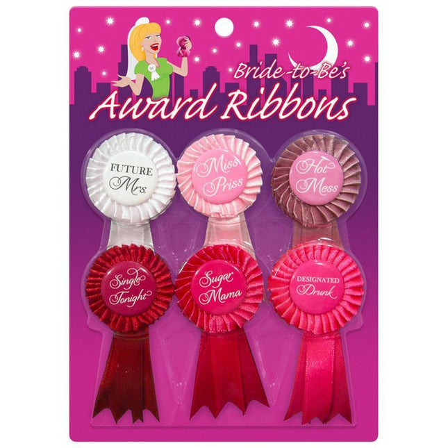 Bride To Be Award Ribbons in assorted colors for bridal shower fun, featuring adhesive backing for easy wear. Perfect for parties.