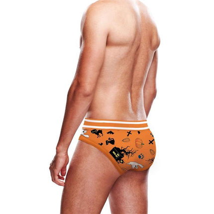 Brief Halloween underwear with orange Halloween-themed design, featuring a smooth polyester-elastane fabric and two-tone waistband for comfort.