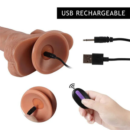 Brody Dildo with 20 Modes of Vibration and Clitoris Stimulator showing USB rechargeability and remote control function.