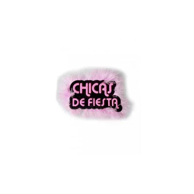 Brooch Cichas de Fiesta with "chicas de fiesta" text and pink hair design, ideal for girls' night parties.