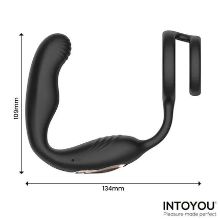 Bruce Prostate Massager 360º with Double Cockring with Vibration, featuring ergonomic design and measurements, by INTOYOU.