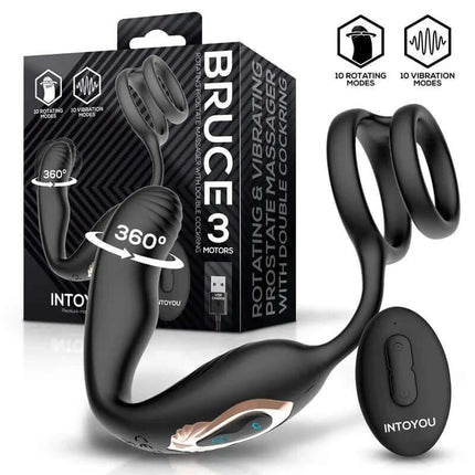 Bruce Prostate Massager 360º with Double Cockring with Vibration packaging and product display