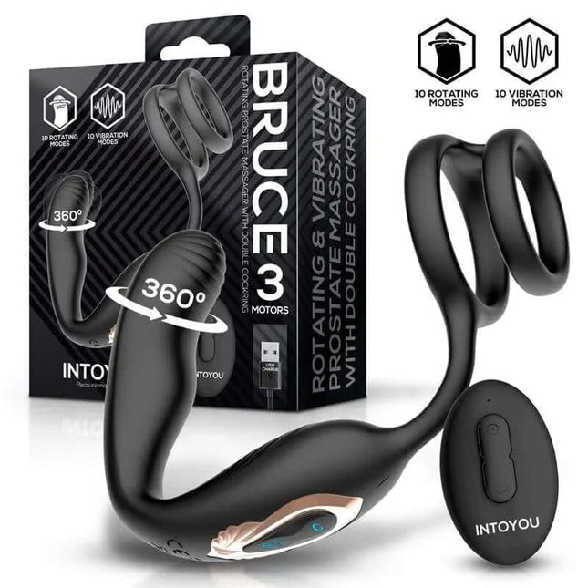 Bruce Prostate Massager 360º with Double Cockring with Vibration packaging and product display