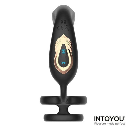 Bruce Prostate Massager 360º with Double Cockring with Vibration by Intoyou displayed with black and gold design.