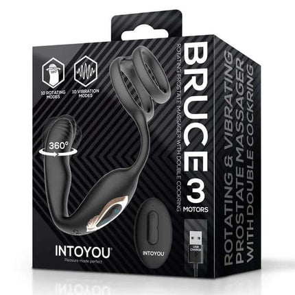 Packaging of Bruce Prostate Massager 360º with Double Cockring with Vibration by Intoyou, showcasing product features and design.