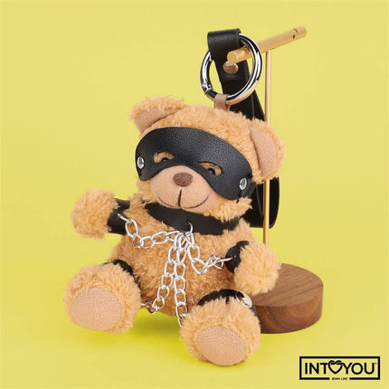 Bubu Keychain BDSM Teddy Bear with Chains featuring a plush bear with vegan leather and metallic chains, designed for playful adult style.