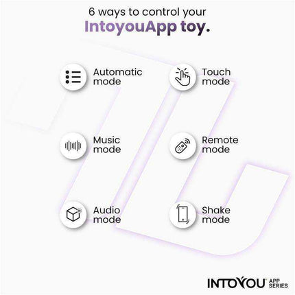 Image showing 6 control modes for Intoyou App toy: Automatic, Touch, Music, Remote, Audio, Shake. Intoyou App Series branding visible.