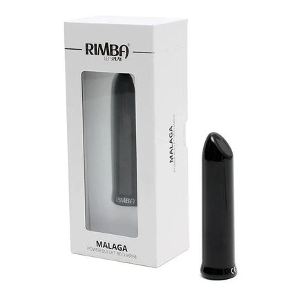 Bullet Vibrator Malaga Black with packaging, 10 functions, 3 speeds, waterproof, USB rechargeable, hypoallergenic ABS plastic in black.