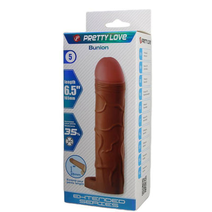 Bunion Extended Penis Sleeve packaging showing 6.5-inch length and 35% girth increase for enhanced intimacy and support.