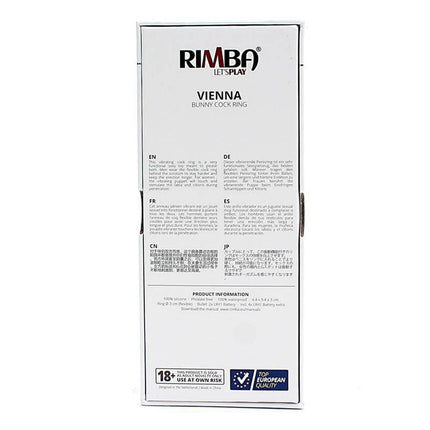 Packaging of Bunny Cock Ring Vienna Black with product information and branding, Rimba Let's Play.